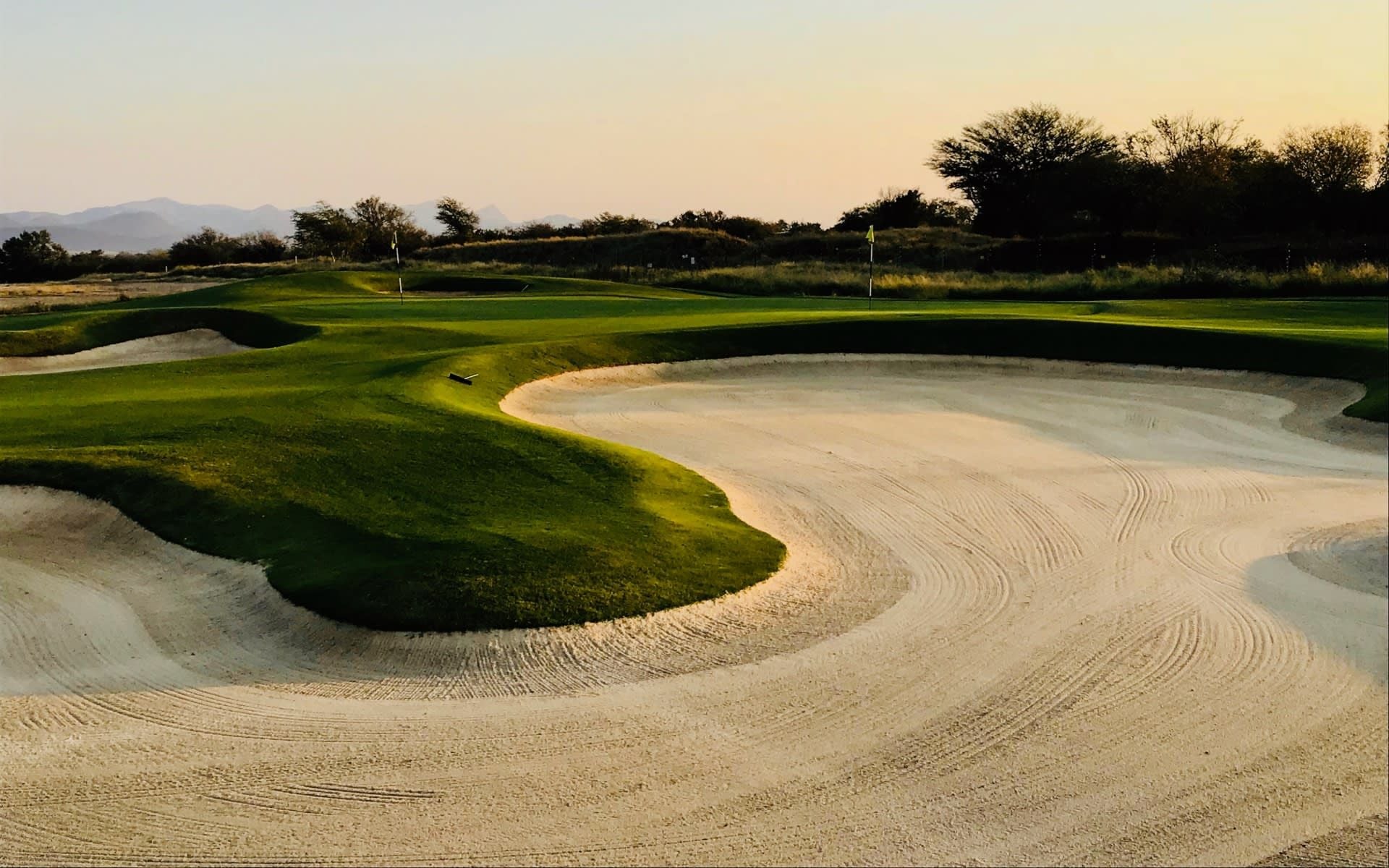 Raked sand bunkers surrounding golf-course greens at sunset