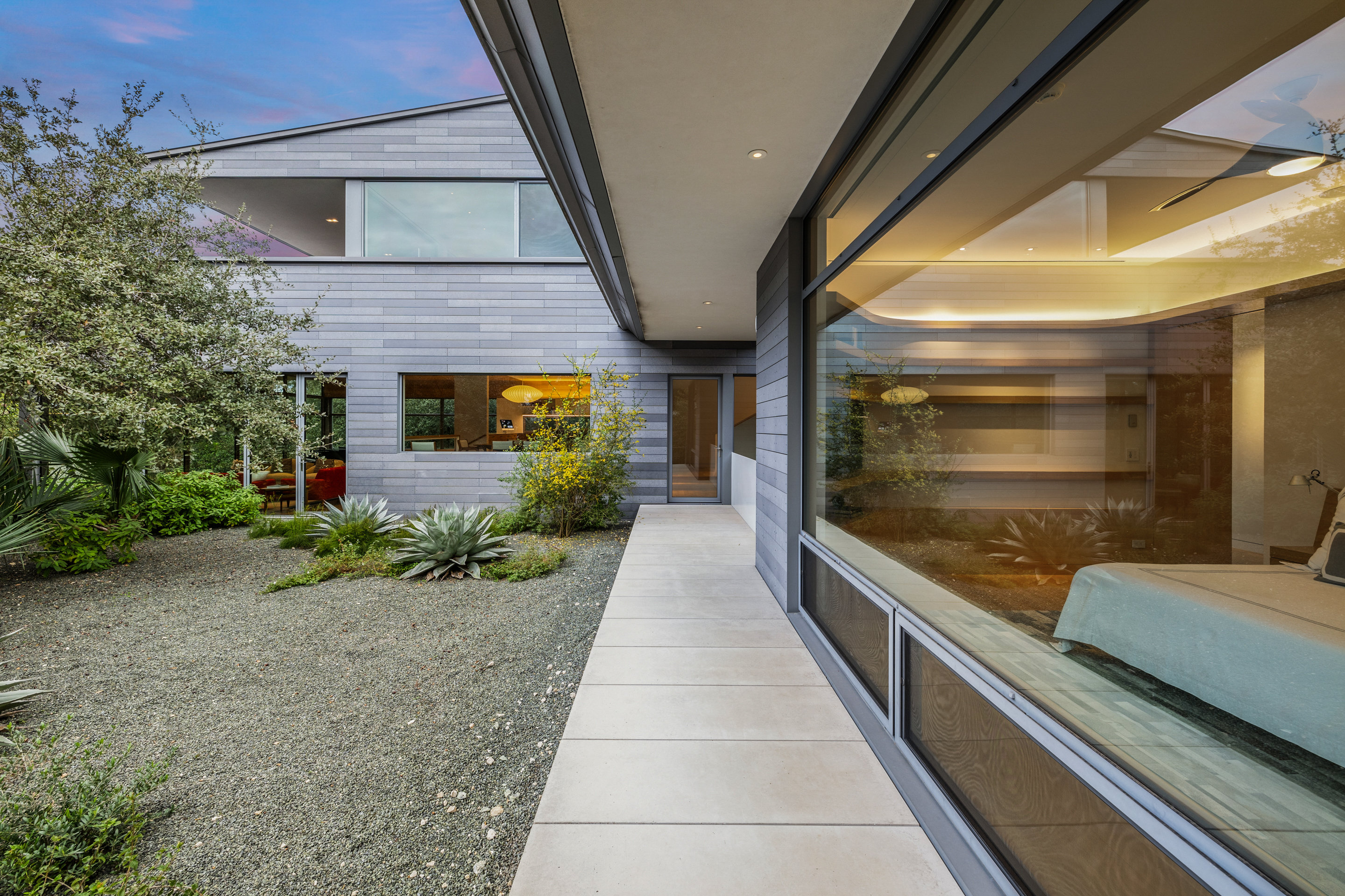 East-facing windows framing the tree canopy at twilight