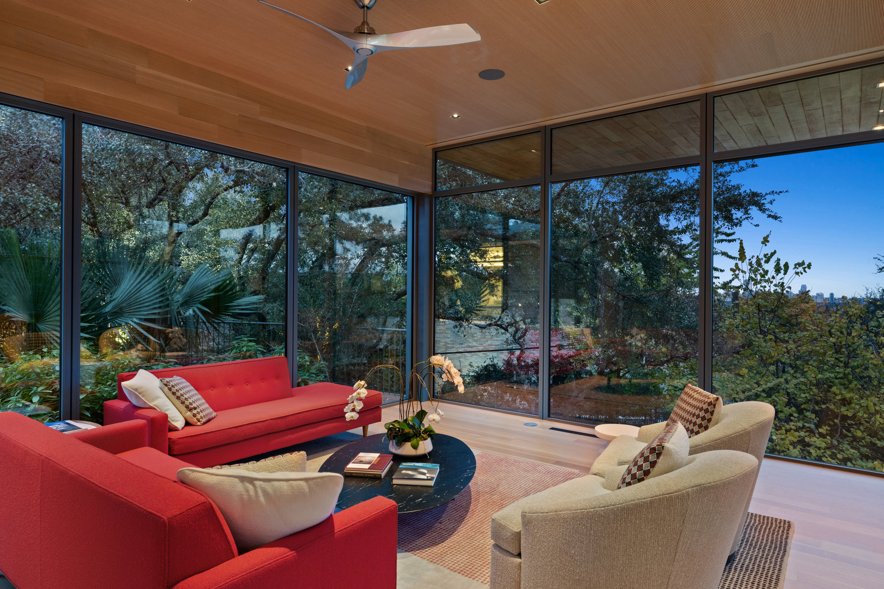 Front door threshold with white oak flooring and clerestory light