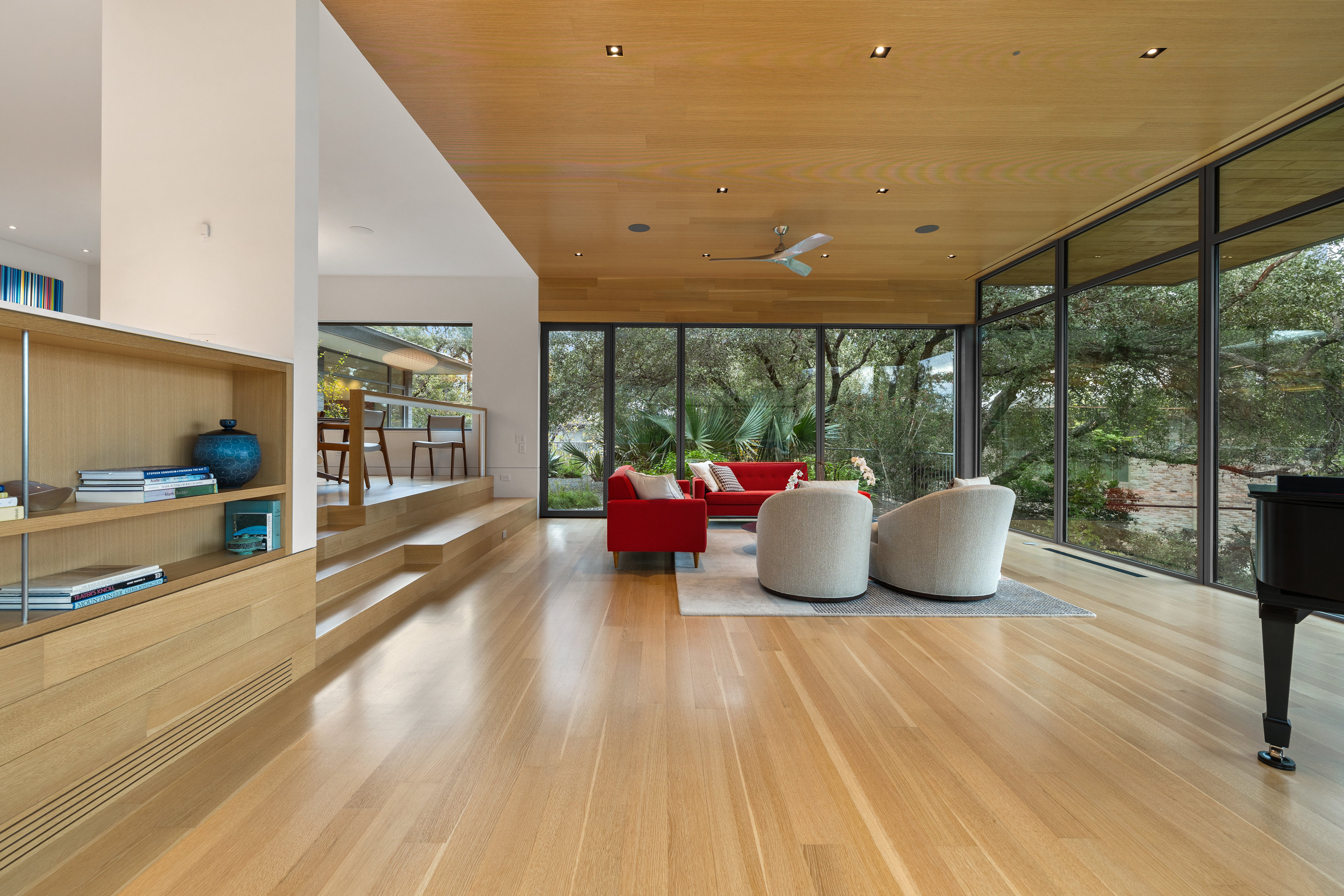 Piano room alternate angle showing acoustic wood ceiling detail