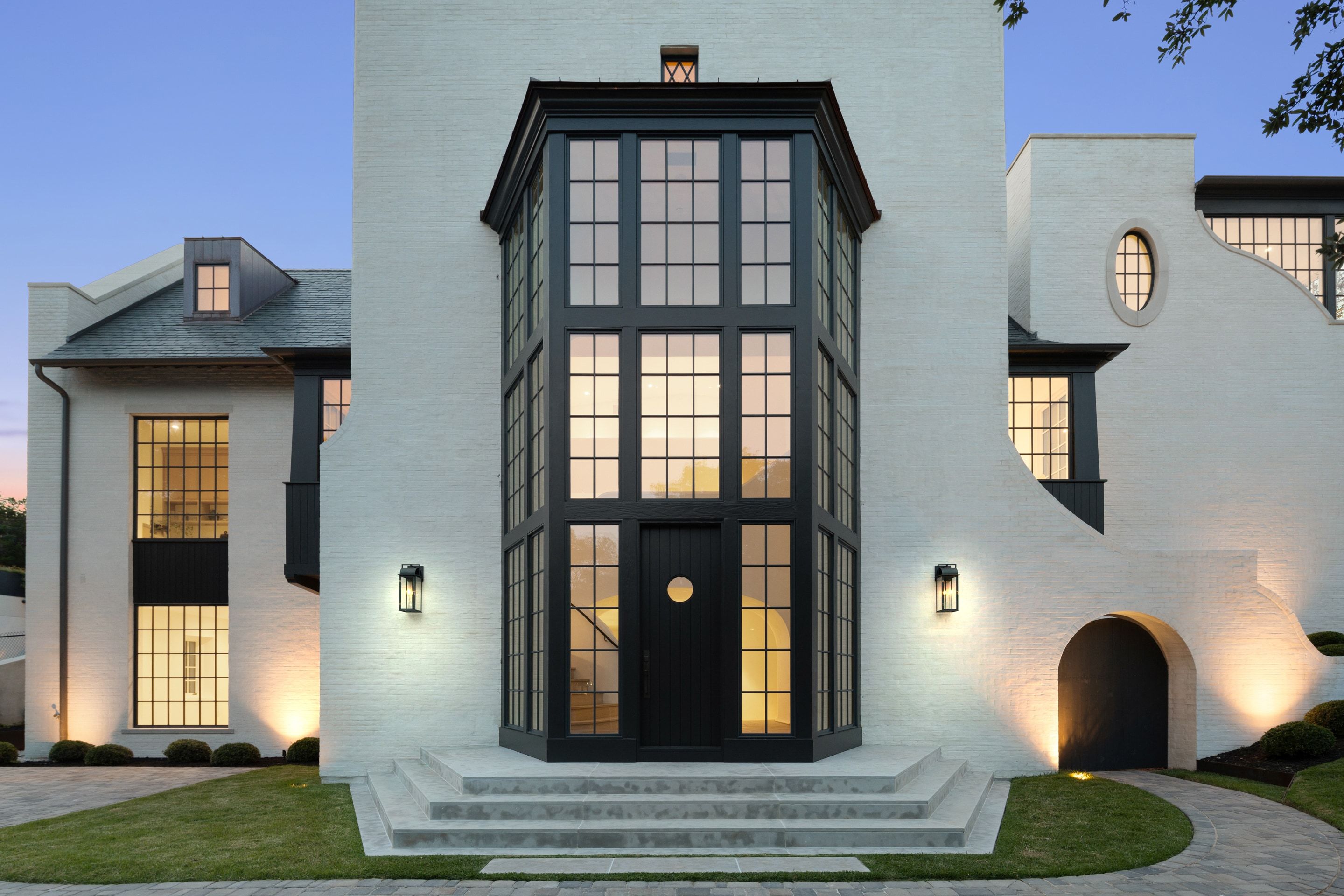 3802 Balcones Drive front entry elevation twilight