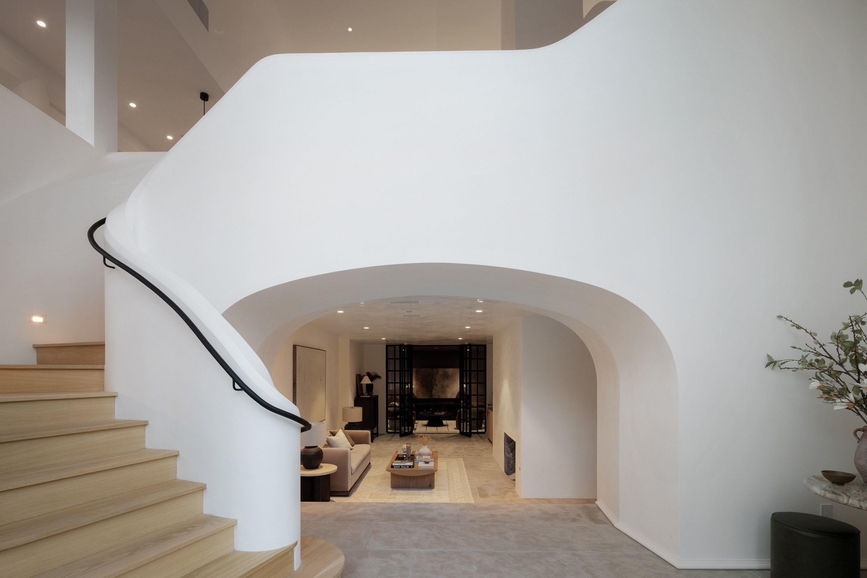 3802 Balcones Drive sculptural stair hall dusk