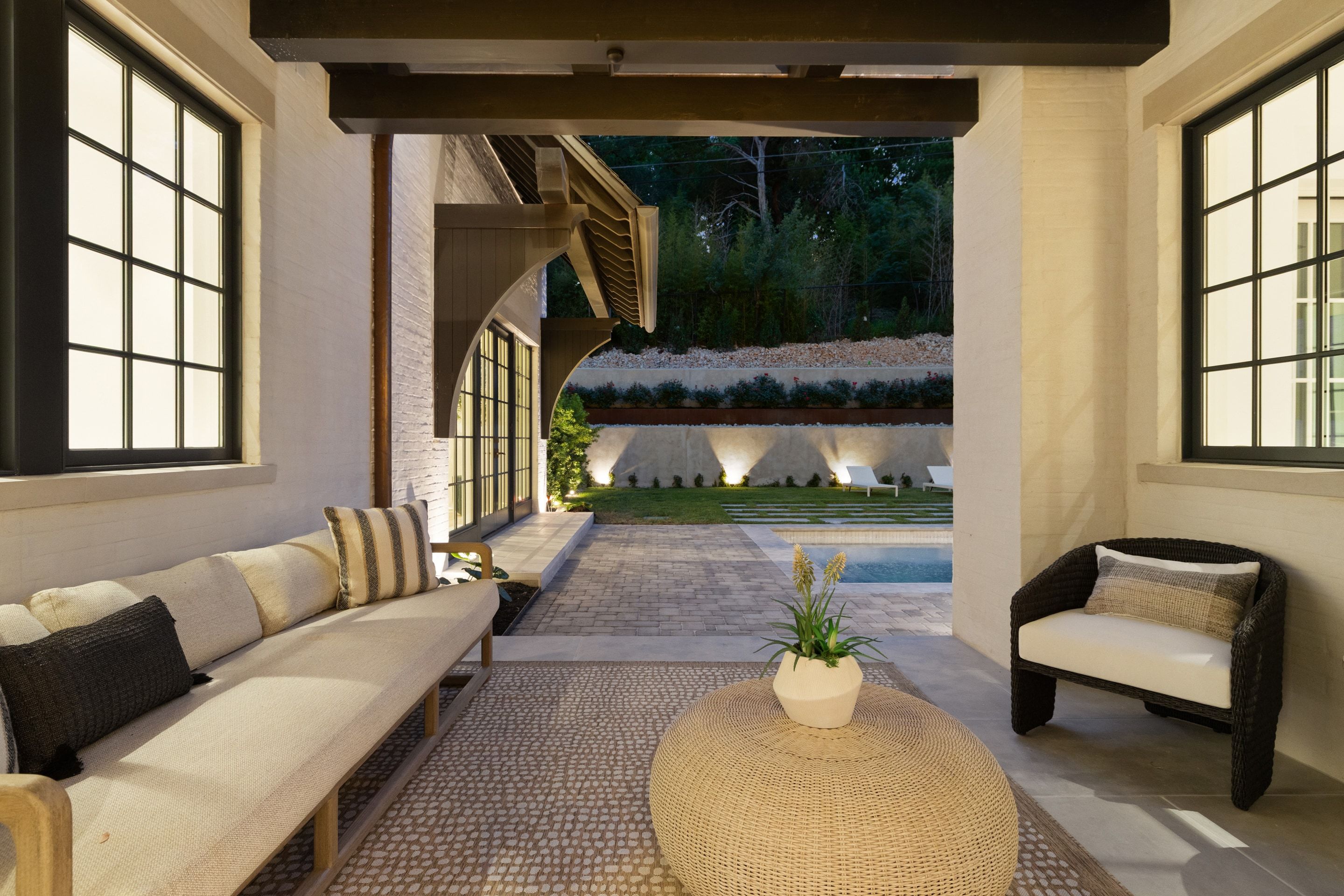 3802 Balcones Drive covered patio seating dusk