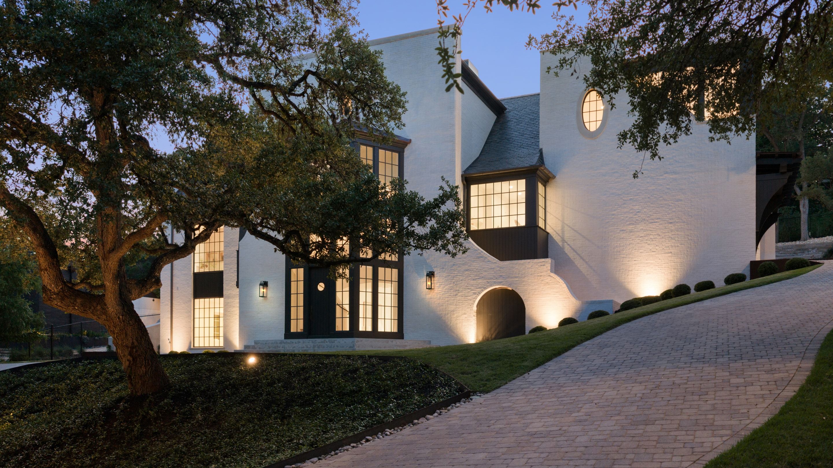 3802 Balcones Drive front entry oak dusk