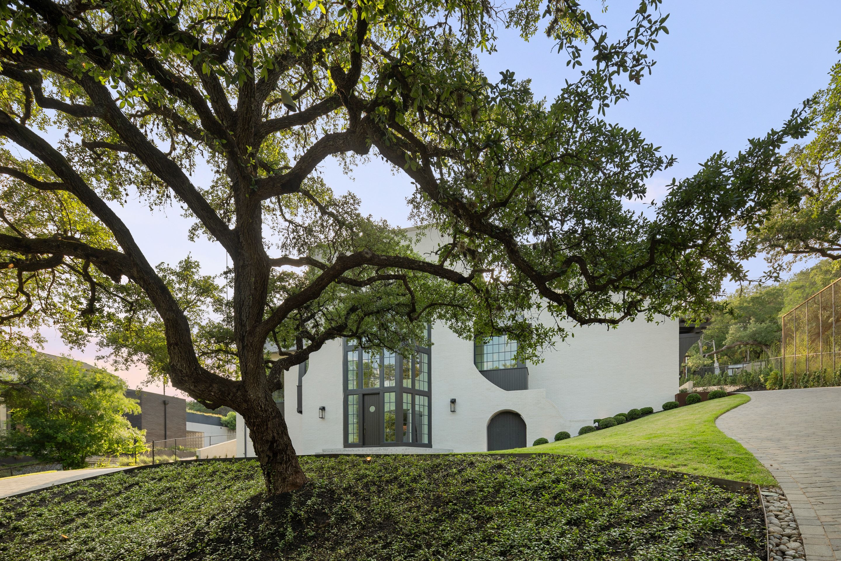 3802 Balcones Drive side exterior oak canopy day