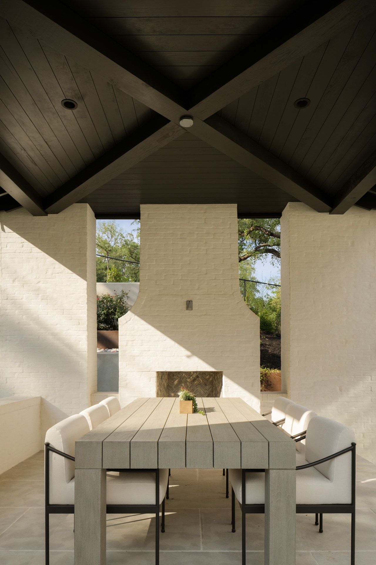 3802 Balcones Drive covered patio fireplace detail