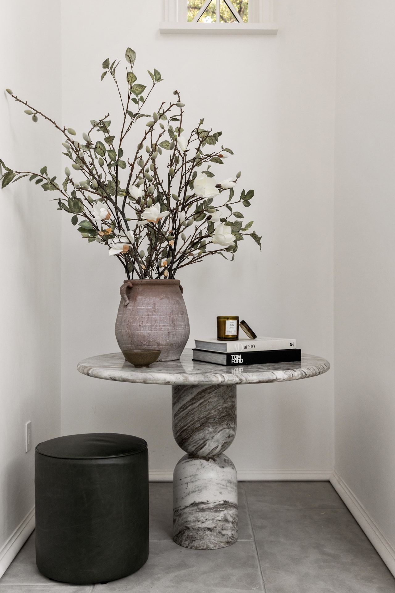 3802 Balcones Drive marble table vignette