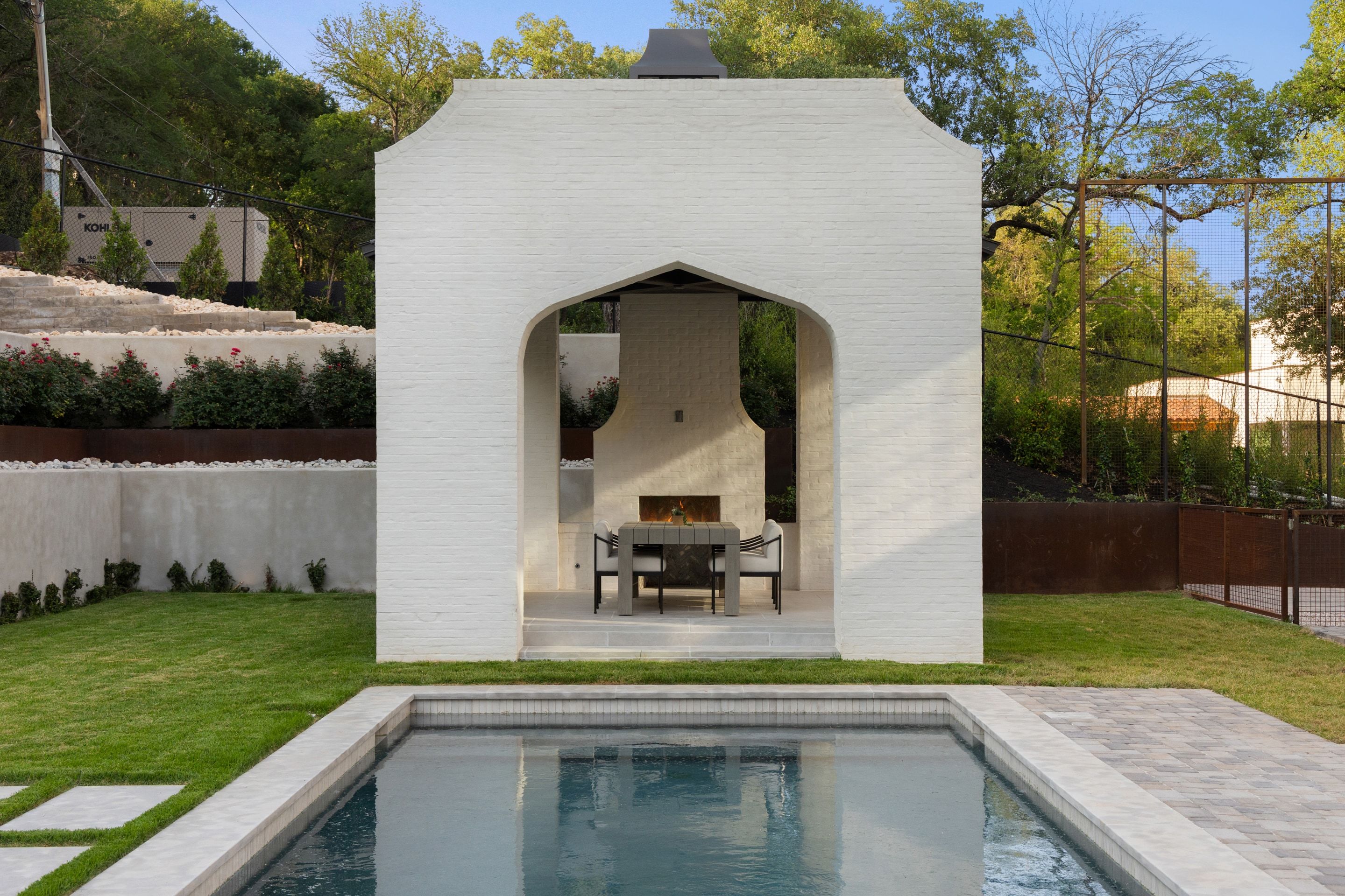 3802 Balcones Drive pool cabana fireplace